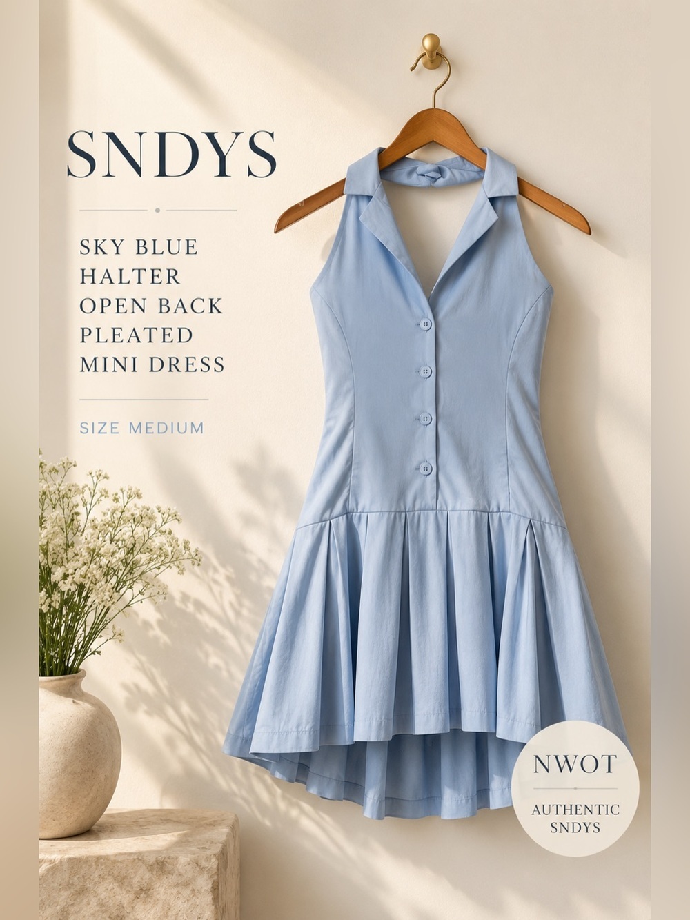 SNDYS x REVOLVE Diana Mini Dress Sky Blue Halter Open Back Pleated Size Medium